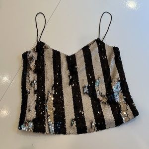 Zara Sequined Top | XS | Black, White & Gold Stripes